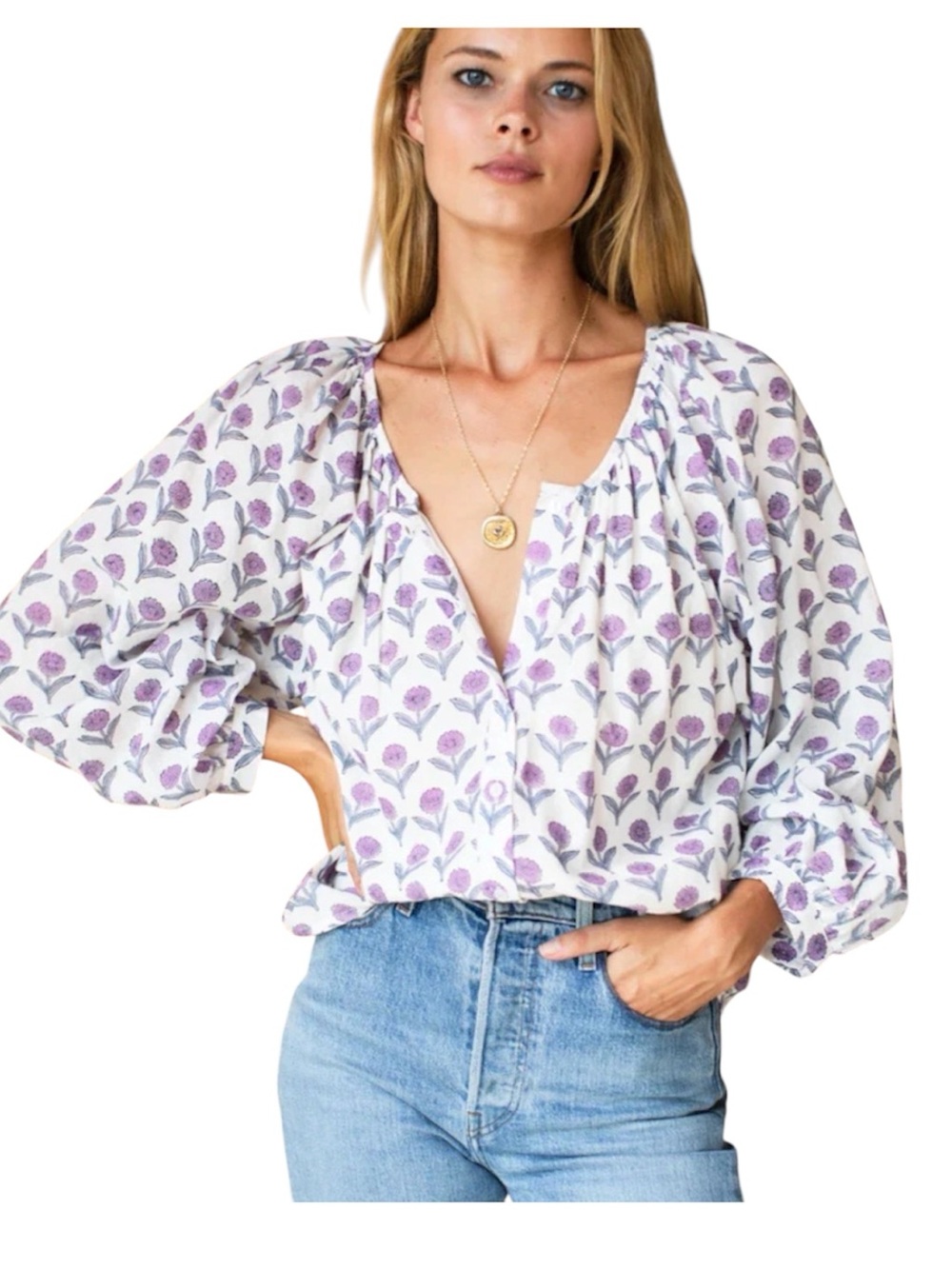 Emerson Fry Frances Blouse Plum Organic Cotton Boho Floral Top Size Large